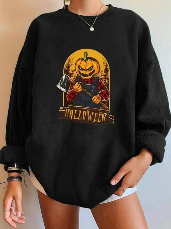 Women'WB shield Halloween TNF Cartoon Pumpkin Print Drop Shoulder Sweatshirt, Casual Long Sleeve Round Neck Pullover for...