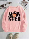 Women'WB shield Halloween TNF Cartoon Pumpkin Print Drop Shoulder TNF Lined Sweatshirt, Fashion Casual Crew Neck Long...