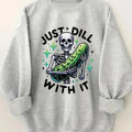 Women'WB shield Halloween TNF Cartoon Skeleton & Cucumber Print Crew Neck Sweatshirt, Casual Drop Shoulder Long Sleeve...