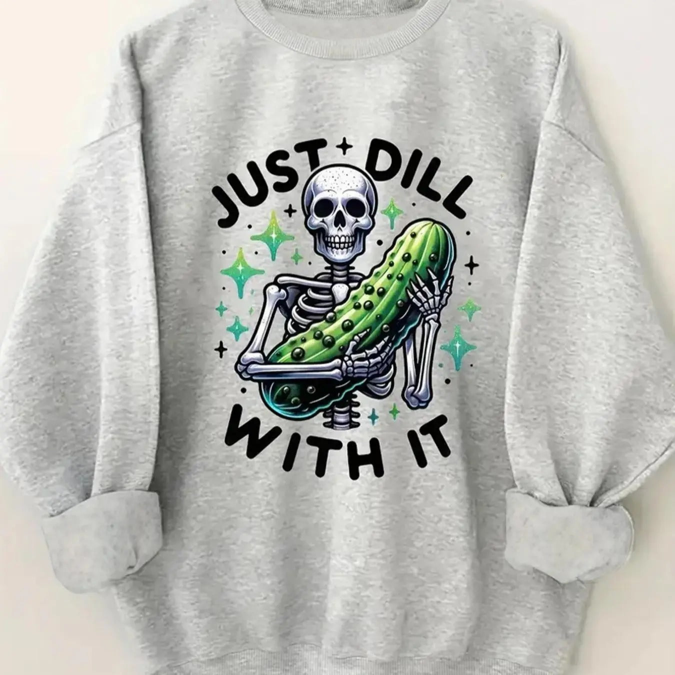 Women'WB shield Halloween TNF Cartoon Skeleton & Cucumber Print Crew Neck Sweatshirt, Casual Drop Shoulder Long Sleeve...