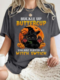 Women'WB shield Halloween TNF Cat & Pumpkin Print Round Neck Tee, Fashion Casual Crew Neck T-Shirt for Daily Holiday...