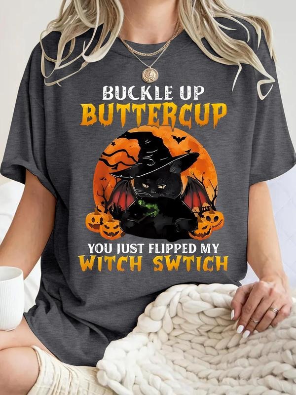 Women'WB shield Halloween TNF Cat & Pumpkin Print Round Neck Tee, Fashion Casual Crew Neck T-Shirt for Daily Holiday...