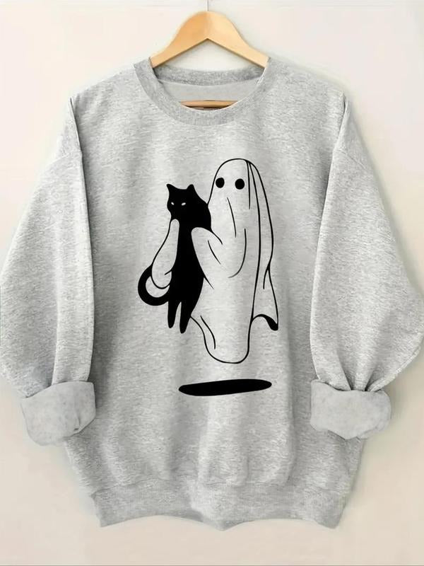 Women'WB shield Halloween TNF Ghost & Cat Print Drop Shoulder Sweatshirt, Casual Long Sleeve Round Neck Pullover for Fall...