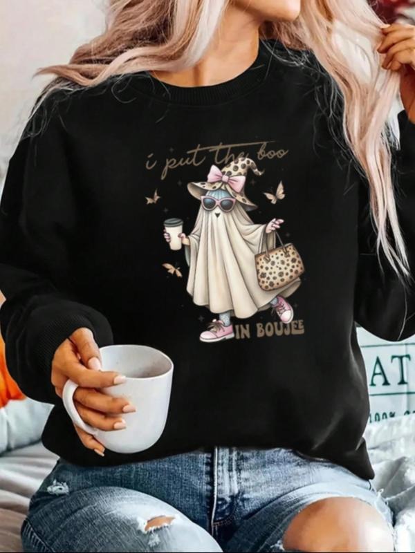 Women'WB shield Halloween TNF Ghost & Letter Print TNF Lined Drop Shoulder Sweatshirt, Casual Long Sleeve Round Neck...