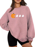 Women'WB shield Halloween TNF Ghost & Pumpkin Print Drop Shoulder Sweatshirt, Casual Long Sleeve Round Neck Pullover for...