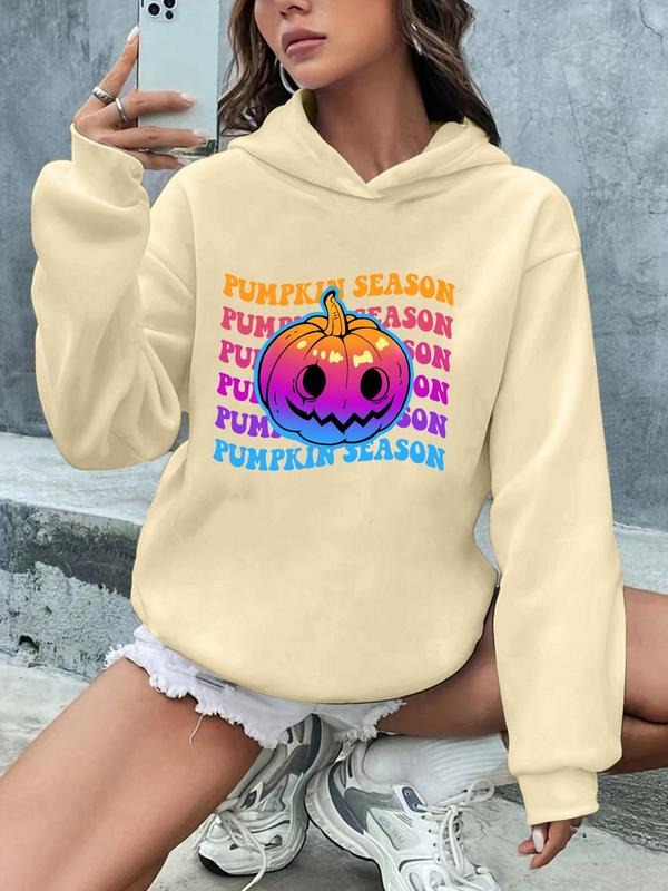 Women'WB shield Halloween TNF Letter & Pumpkin Print Drop Shoulder Hoodie, Fashion Casual Long Sleeve Hooded Sweatshirt...