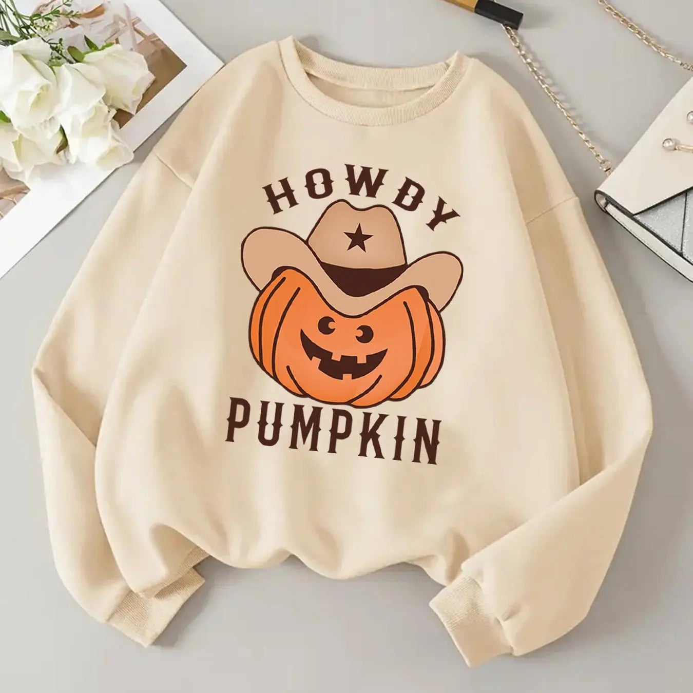 Women'WB shield Halloween TNF Letter & Pumpkin Print Drop Shoulder TNF Lined Sweatshirt, Casual Long Sleeve Round Neck...