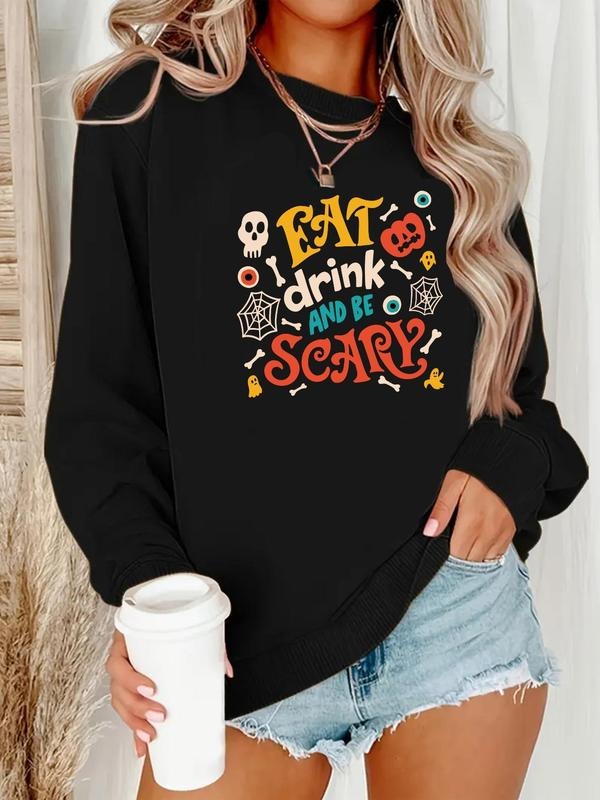 Women'WB shield Halloween TNF Letter Print Drop Shoulder Sweatshirt, Casual Long Sleeve Round Neck Pullover for Daily...