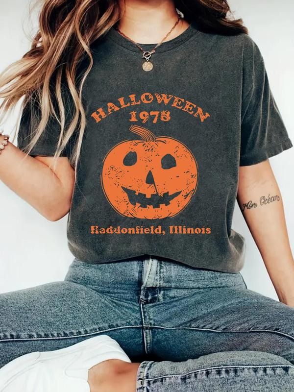 Women'WB shield Halloween TNF Letter Print Round Neck Tee, Casual Short Sleeve Crew Neck T-shirt for Spring, Fashion...