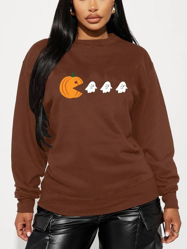 Women'WB shield Halloween TNF Pumpkin & Ghost Print TNF Lined Sweatshirt, Casual Drop Shoulder Long Sleeve Pullover for...