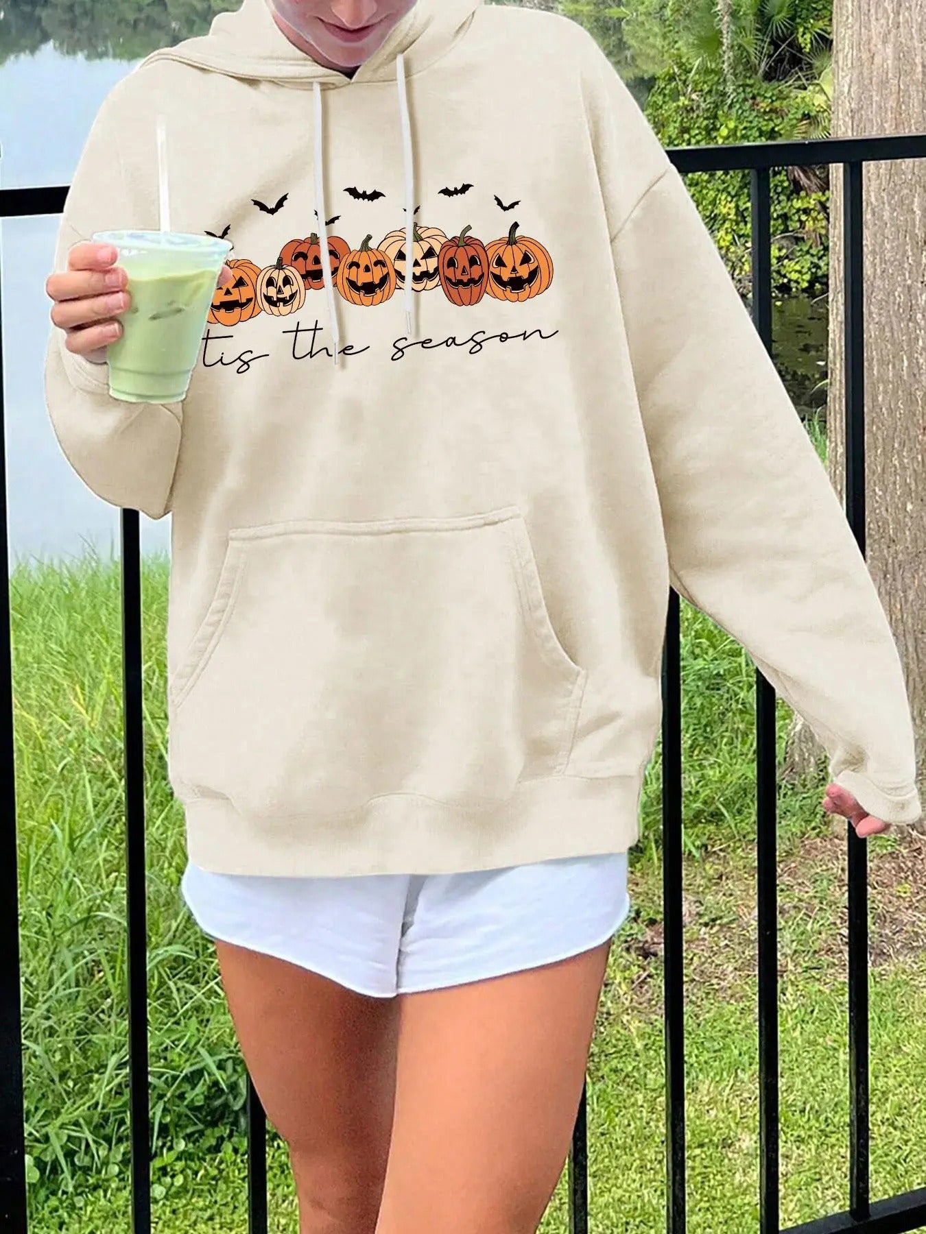 Women'WB shield Halloween TNF Pumpkin Print Drop Shoulder Hoodie, Fashion Casual Drawstring Pocket Hooded Sweatshirt for...