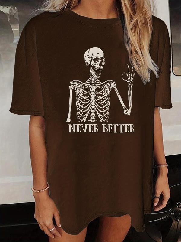 Women'WB shield Halloween TNF Skeleton & Letter Print Drop Shoulder Tee, Graphic Tees, Casual Half Sleeve Round Neck...