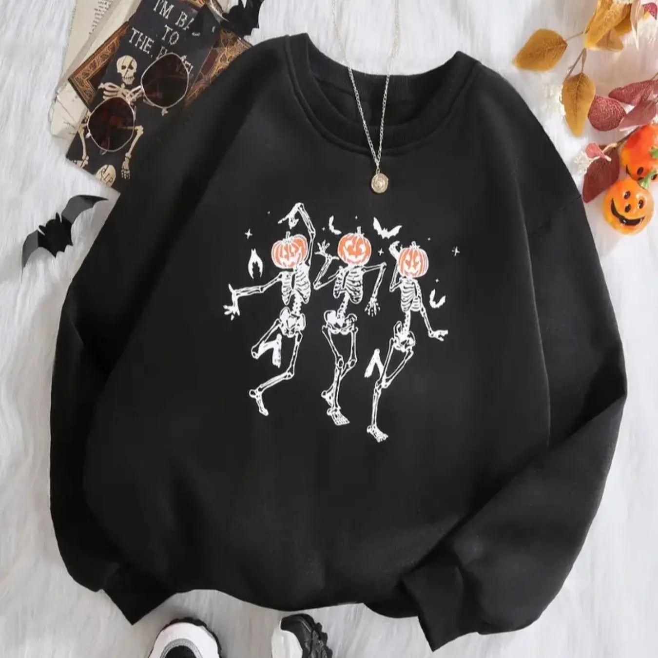 Women'WB shield Halloween TNF Skeleton Print Drop Shoulder Sweatshirt, Casual Long Sleeve Round Neck Pullover for Daily...