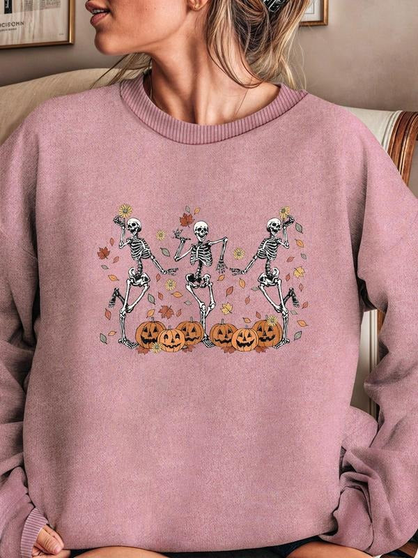 Women'WB shield Halloween TNF Skeleton Print Drop Shoulder Sweatshirt, Casual Long Sleeve Round Neck Pullover for Spring...
