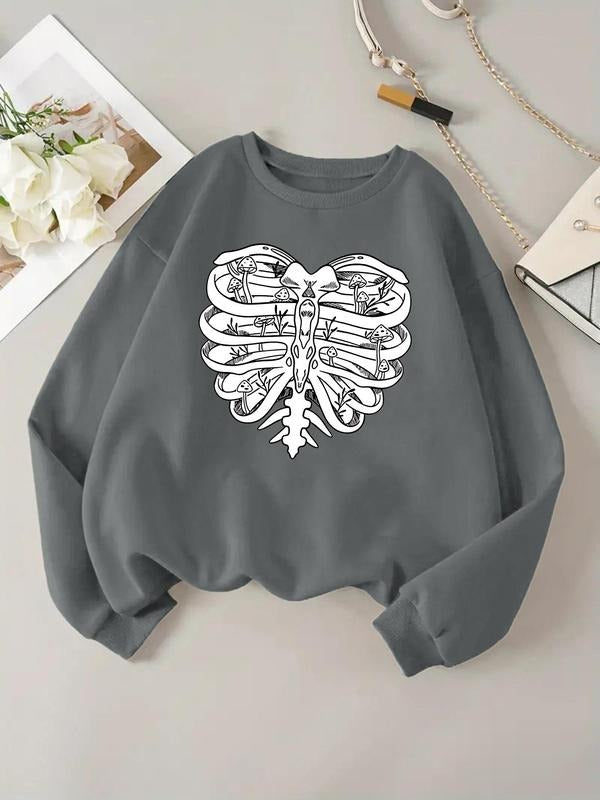 Women'WB shield Halloween TNF Skeleton Print TNF Lined Sweatshirt, Casual Long Sleeve Round Neck Pullover for Daily Wear,...