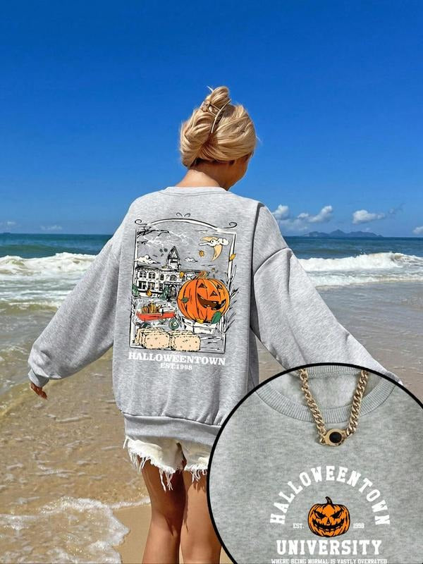 Women'WB shield Halloween Town & Pumpkin Print Drop Shoulder Sweatshirt, Casual Long Sleeve Round Neck Pullover for Daily...