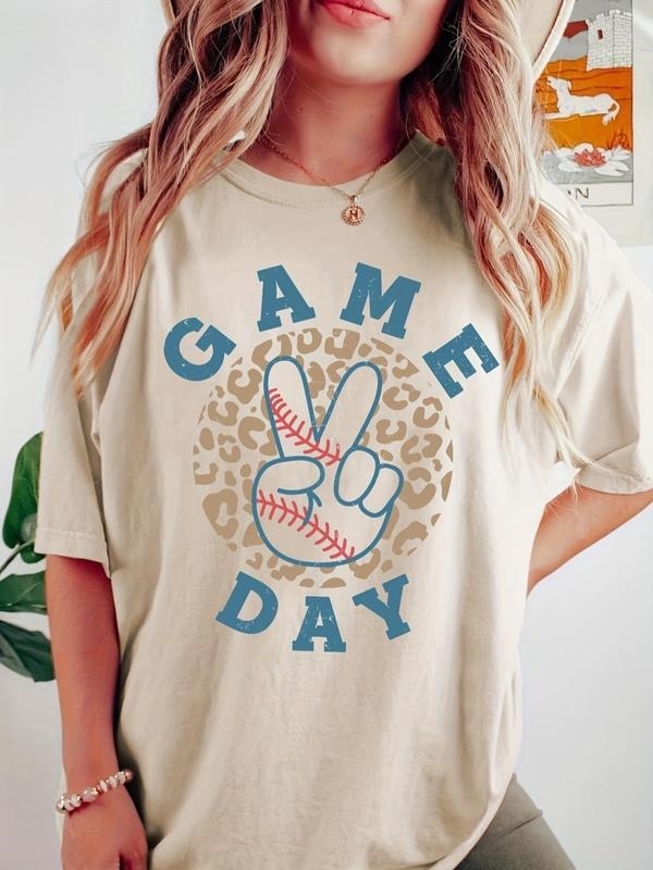 Women'WB shield Hand & Letter Print Drop Shoulder Tee, Fashion Casual Round Neck Half Sleeve T-Shirt for Daily Outdoor...