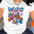 Women'WB shield Hand & Sneaker Print Round Neck Tee, Fashion Casual Letter Graphic Crew Neck Short Sleeve T-shirt for...