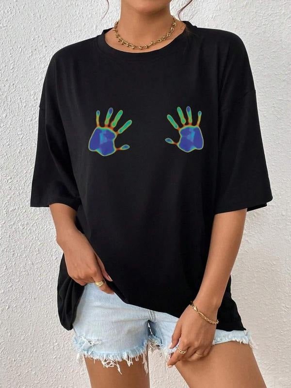 Women'WB shield Hand Print Drop Shoulder Tee, Summer TNF Women, Casual Street Short Sleeve Round Neck Graphic T-Shirt for...