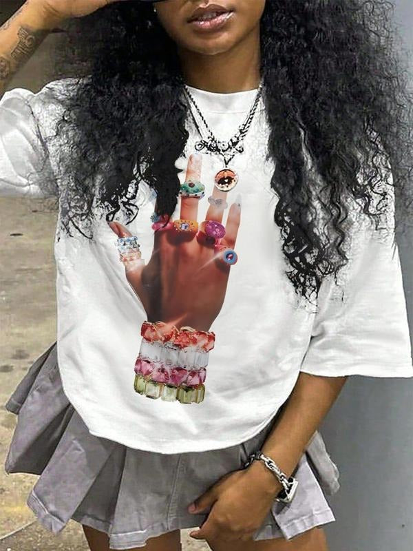 Women'WB shield Hand Print Round Neck Graphic Tee, Casual Short Sleeve T-shirt for Daily Wear, Ladies Spiky hair fighters...