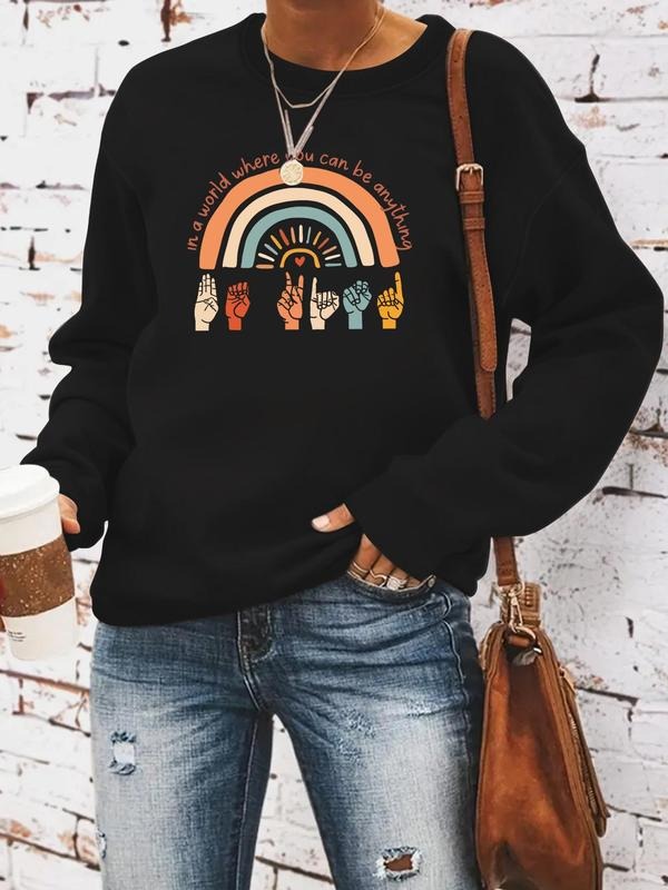 Women'WB shield Hand Print Round Neck Pullover, Fashion Casual Crew Neck Sweatshirt for Daily Holiday Outdoor Wear,...