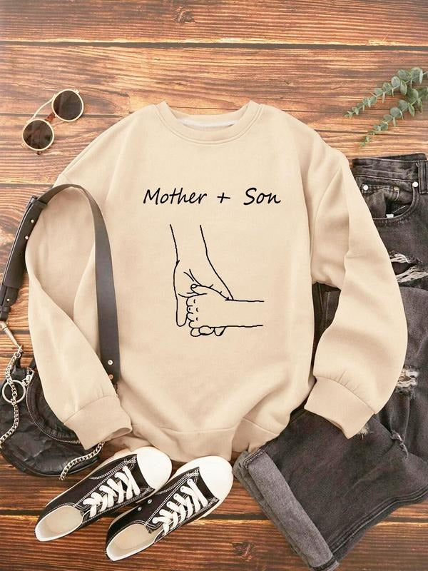 Women'WB shield Hands & Letter Print Drop Shoulder Crew Neck Sweatshirt, Casual Long-Sleeve Round Neck Pullover for...