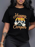 Women'WB shield Happy Camping Graphic Print Round Neck Tee, Fashion Casual Short Sleeve T-shirt, Ladies Summer TNF for...