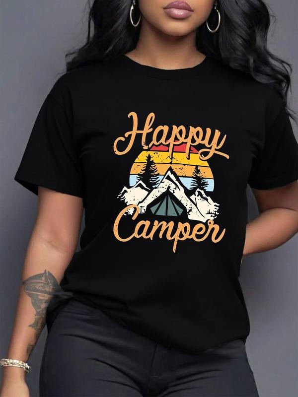 Women'WB shield Happy Camping Graphic Print Round Neck Tee, Fashion Casual Short Sleeve T-shirt, Ladies Summer TNF for...