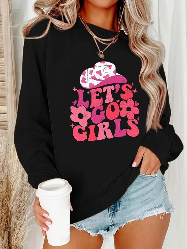 Women'WB shield Hat & Letter Print Drop Shoulder Sweatshirt, Casual Long Sleeve Round Neck Pullover for Fall & Winter,...