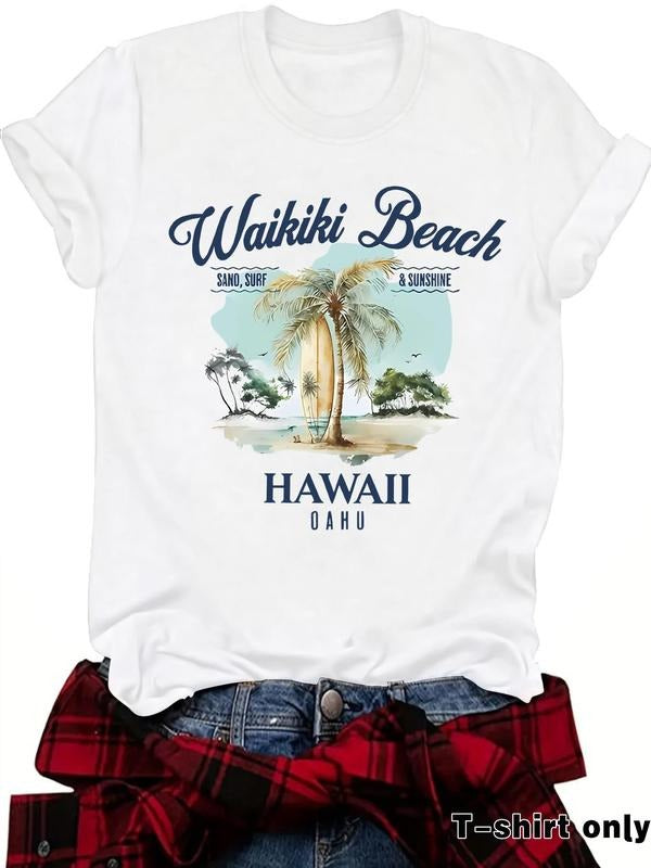 Women'WB shield Hawaii Surfing Graphic Print Round Neck Tee, Casual Fashion Short Sleeve T-shirt, Ladies Summer TNF for...