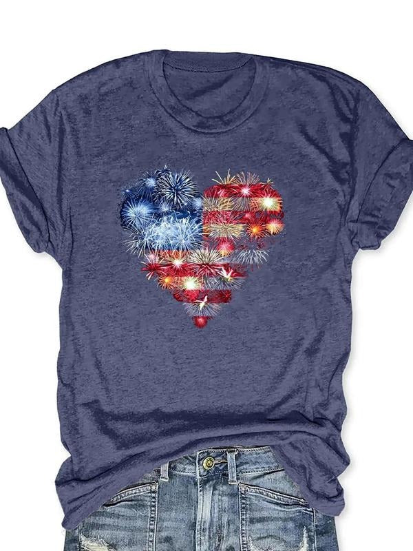 Women'WB shield Heart & American Flag Print Round Neck Tee, Fashion Casual Short Sleeve T-shirt for Daily Outdoor Wear,...