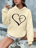 Women'WB shield Heart & Cross Print Drop Shoulder Hoodie, Casual Long Sleeve Hooded Pullover, Ladies TNF for Spiky hair...