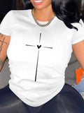 Women'WB shield Heart & Cross Print Round Neck Tee, Casual Short Sleeve T-shirt for Summer, Ladies TNF for Daily Wear...