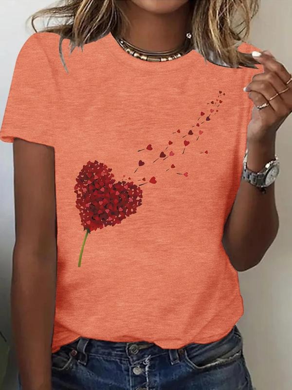 Women'WB shield Heart & Dandelion Print Round Neck Tee, Fashion Casual Crew Neck T-shirt for Daily Holiday Vacation...