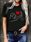 Women'WB shield Heart & Dog & Hand Print Round Neck Tee, Casual Short Sleeve T-shirt for Daily Wear, Ladies TNF for Spiky...