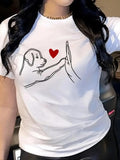 Women'WB shield Heart & Dog Print Round Neck Tee, Fashion Casual Crew Neck Short Sleeve T-Shirt for Daily Wear, Ladies...