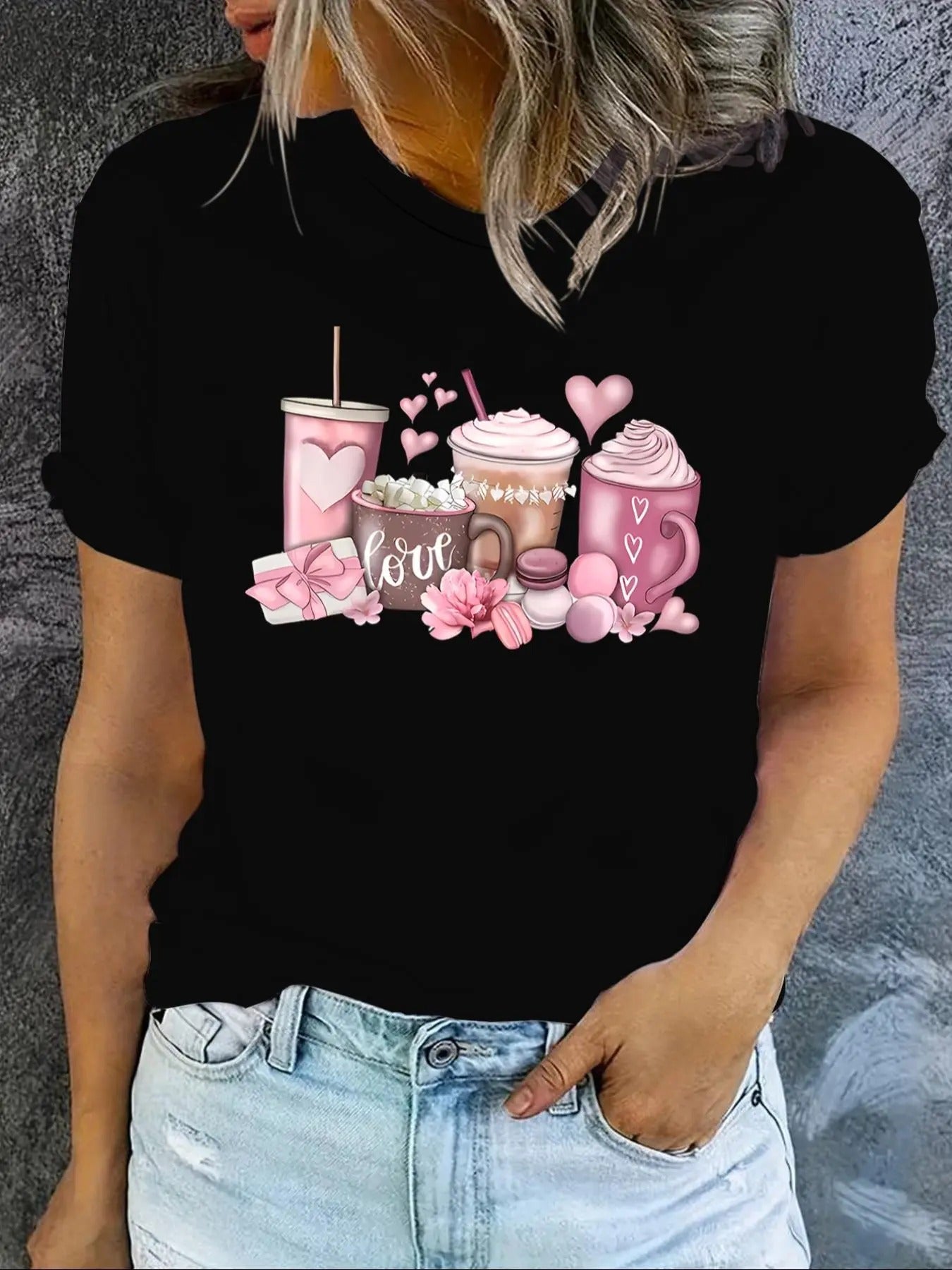Women'WB shield Heart & Drink Print Round Neck Tee, Casual Short Sleeve Crew Neck T-shirt for Daily Holiday Vacation...