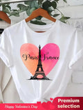 Women'WB shield Heart & Eiffel Tower Print Round Neck Tee, Casual Short Sleeve T-Shirt for Summer, Ladies TNF for Daily...