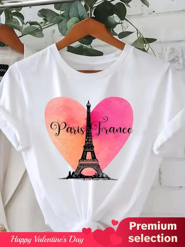 Women'WB shield Heart & Eiffel Tower Print Round Neck Tee, Casual Short Sleeve T-Shirt for Summer, Ladies TNF for Daily...