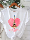 Women'WB shield Heart & Eiffel Tower Print Round Neck Tee, Fashion Casual Short Sleeve T-shirt, Ladies Summer TNF for...