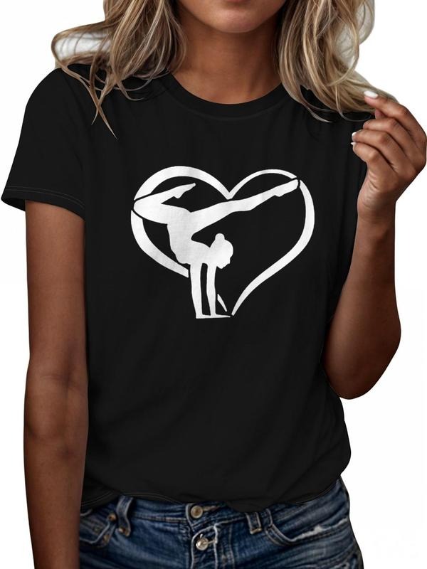 Women'WB shield Heart & Figure Print Round Neck Tee, Fashion Casual Short Sleeve T-shirt, Ladies Summer TNF for Daily...