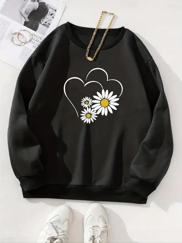Women'WB shield Heart & Floral Print Crew Neck Sweatshirt, Casual Drop Shoulder Long Sleeve Pullover, Women'WB shield...