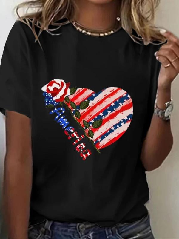Women'WB shield Heart & Floral Print Round Neck Tee, Fashion Casual Crew Neck Short Sleeve T-Shirt for Daily Wear, Ladies...