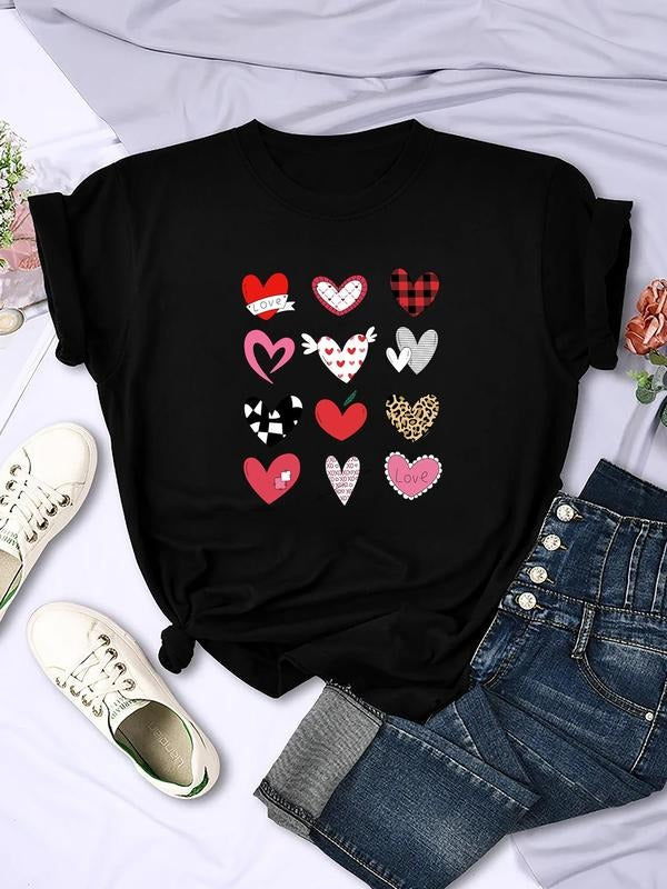 Women'WB shield Heart & Graphic Print Tee, Round Neck Short Sleeve T-shirt, Women'WB shield Clothing for Daily Wear,...