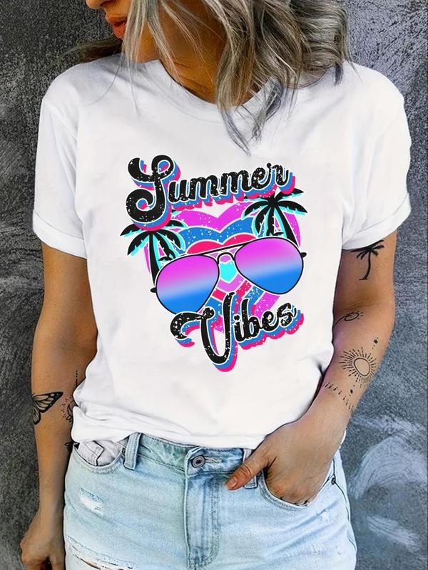 Women'WB shield Heart & Letter & Glasses Print Round Neck Tee, Fashion Casual Short Sleeve T-shirt for Daily Wear, Ladies...