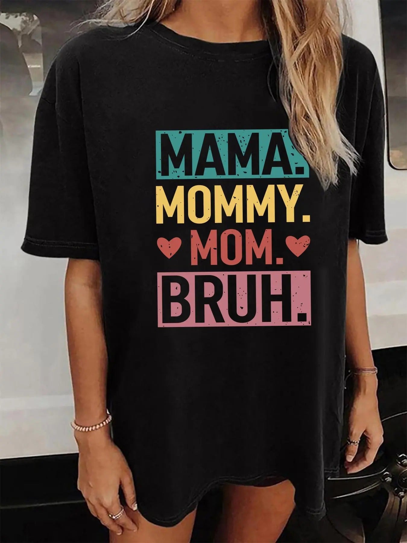 Women'WB shield Heart & Letter Print Drop Shoulder Crew Neck Tee, Casual Graphic Short Sleeve Round Neck T-Shirt for...