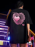 Women'WB shield Heart & Letter Print Drop Shoulder Crewneck Tee, Summer TNF Women, Streetwear Lady Casual Comfort Half...