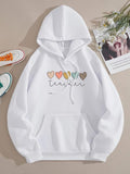 Women'WB shield Heart & Letter Print Drop Shoulder Drawstring Hoodie, Fashion Casual Kangaroo Pocket Hooded Sweatshirt...