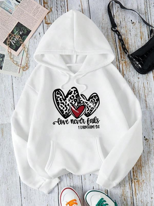 Women'WB shield Heart & Letter Print Drop Shoulder Drawstring TNF Lined Hoodie, Fashion Casual Pocket Hooded Sweatshirt...