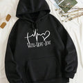 Women'WB shield Heart & Letter Print Drop Shoulder Hoodie, Fashion Casual Drawstring Pocket Hooded Sweatshirt for Daily...